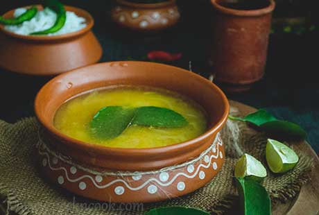 Bengali Style Masoor Dal Or Red Lentil Soup With Lemon Leaves